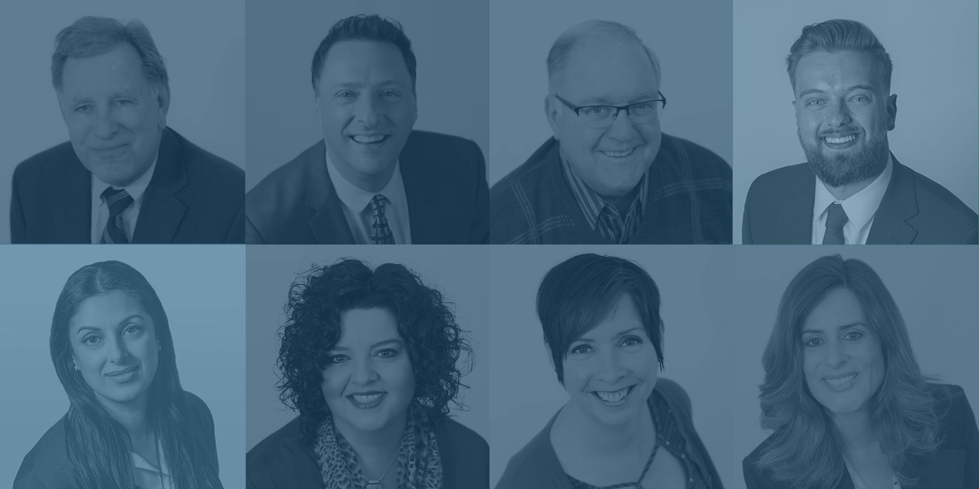 A grid of eight smiling adults, four men in the top row and four women in the bottom row, all dressed in business attire, shown against a blue-tinted background.